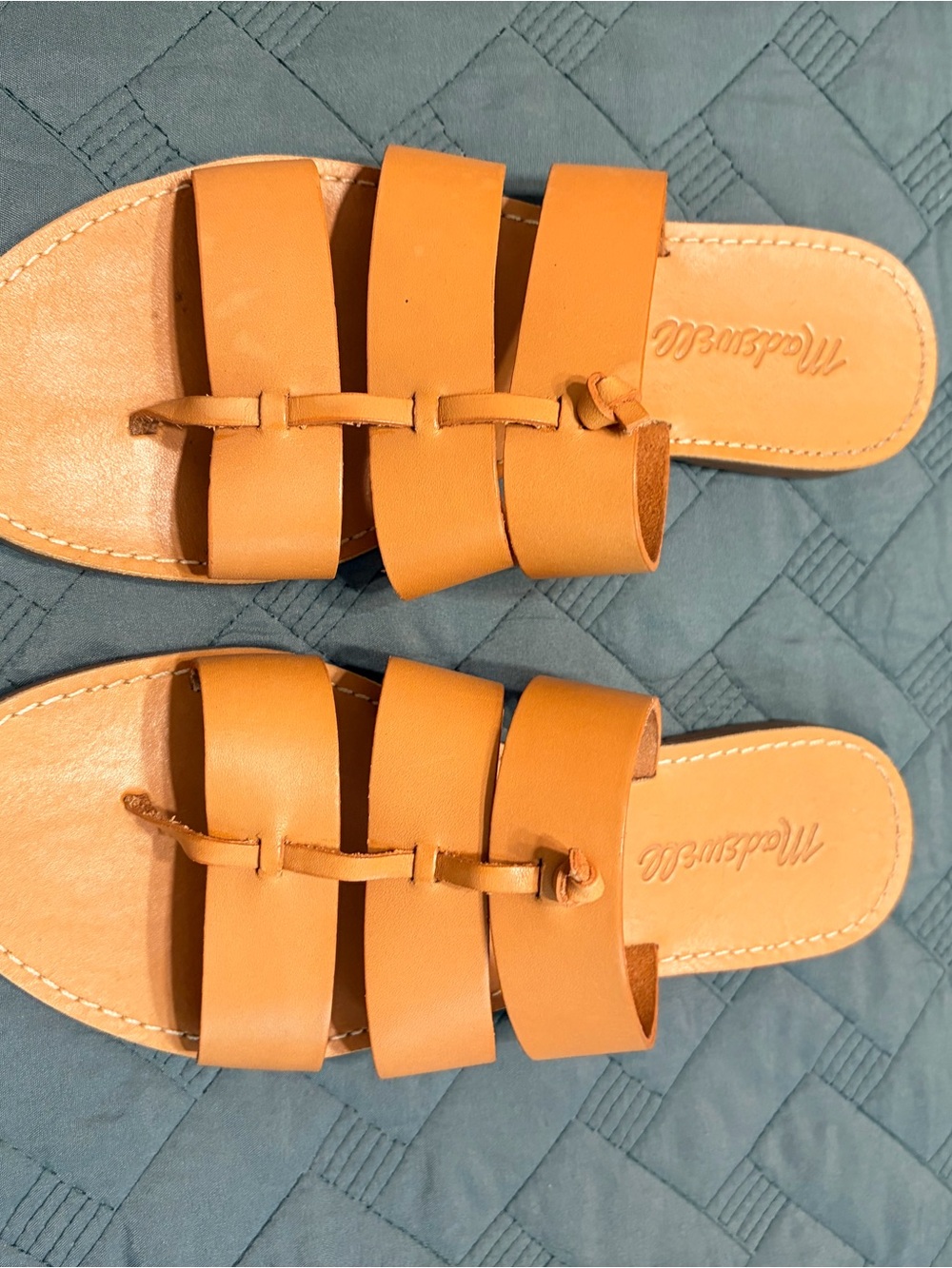 Madewell Women's Tan Leather Triple-Strap Slide Sandals